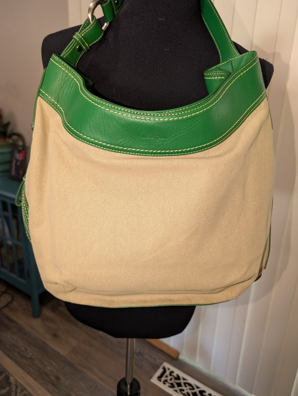 Cole Haan Natural Canvas And Kelly Green Leather Shoulder Bag - Picture 6 of 7